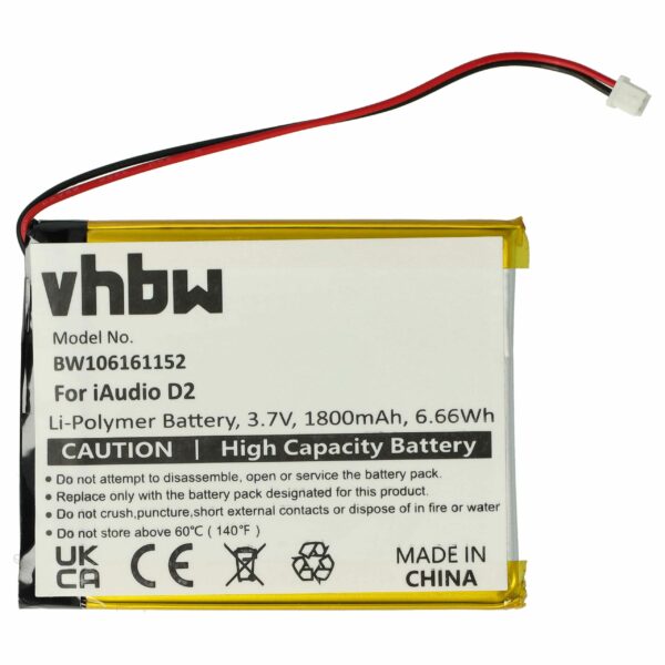 Bateria vhbw para Cowon MP3 Player - 1800 mAh 3.7 V Li-polymer