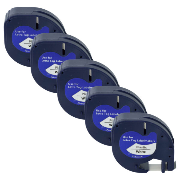 5x Fita de Etiquetas Plástica vhbw para Dymo LetraTag 91201 - 12 mm Preto sobre Branco