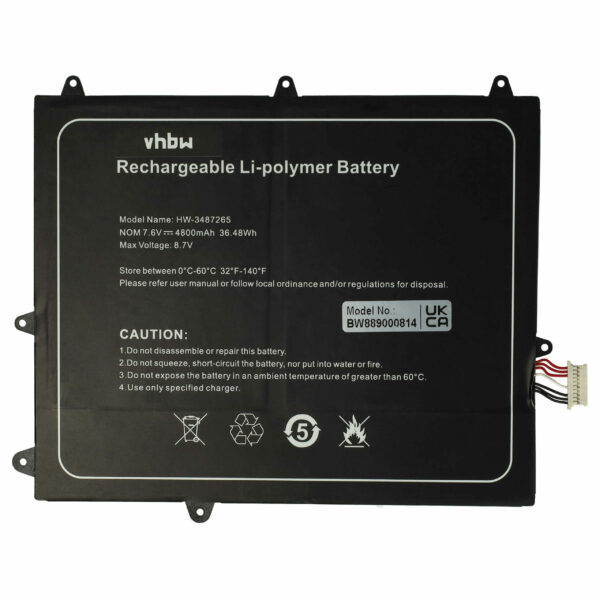 Bateria vhbw para Trekstor 3487265P, HW-3487265, TH116A - 4800 mAh 7.6 V Li-polymer
