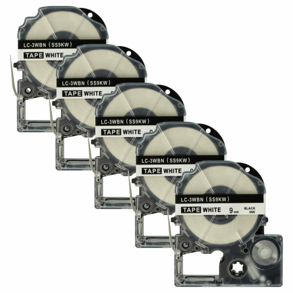 5x Fita de Etiquetagem vhbw compatível Epson SS9KW, LC-3WBN - 9 mm Preto em Branco