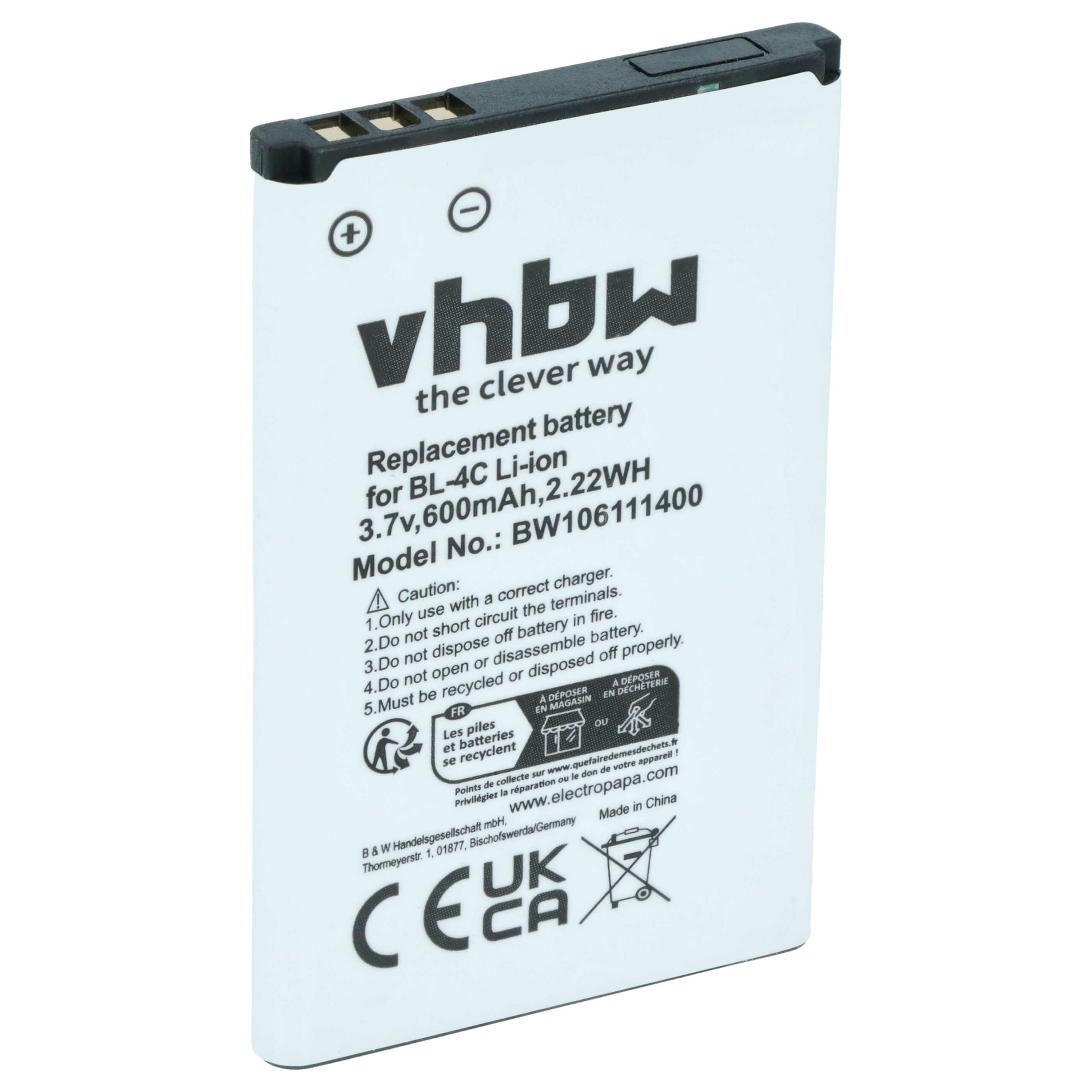 Bateria para Telemóvel vhbw Compatível com Bea-fon C140/C240, EU001B, S400 EU001W - 600 mAh 3.7 V Li-Ion