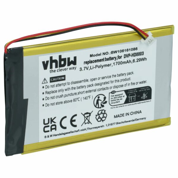 Bateria vhbw para Creative Labs MP3-Player LPCS285385, BA20603R79914, DVP-HD0003 - 1700 mAh 3.7 V