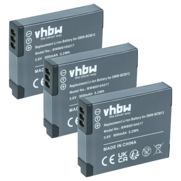 3x Bateria vhbw substitui Panasonic DMW-BCM13E, DMW-BCM13PP, DMW-BCM13 - 900mAh, 3.6V, Li-Ion