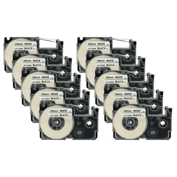 10x Fita para Etiquetadora vhbw substitui Casio XR-24WE, XR-24WE1 - 24 mm Preto sobre Branco