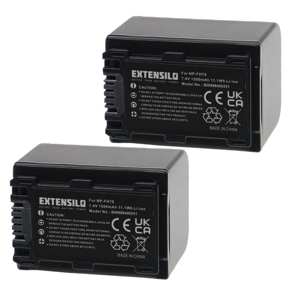 2x Bateria EXTENSILO substitui Sony NP-FH70 - 1500mAh, 7.4V, Li-Ion