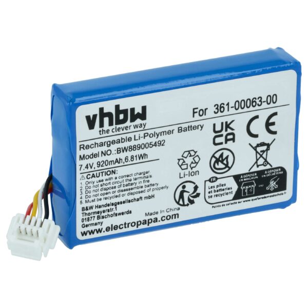 Bateria GPS compatível com Garmin 361-00063-00 - 920mAh, 7.4V (vhbw)