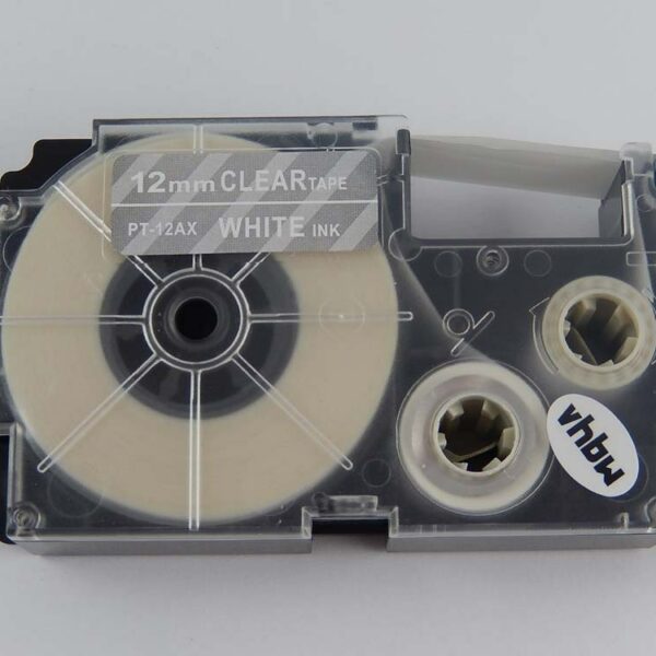 Fita para Etiquetadora vhbw substitui Casio XR-12AX, XR-12AX1 - 12 mm Branco sobre Transparente