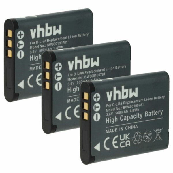 3x Bateria vhbw substitui Panasonic VW-VBX070E, VW-VBX070 - 500mAh, 3.6V, Li-Ion