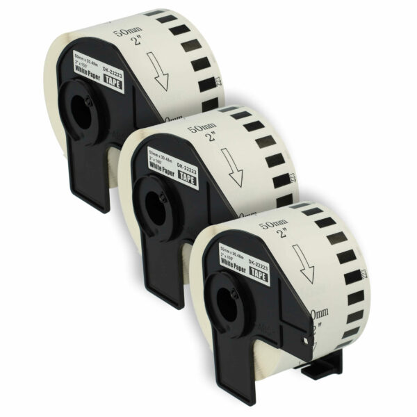 3x Rolos de Etiquetas Compatíveis com Brother DK-22223 - Premium 50 mm x 30,48 m + Suporte