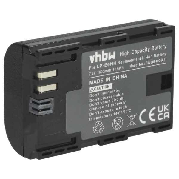 Bateria vhbw substitui Canon LP-E6, LP-E6NH - 1600mAh, 7.2V, Li-Ion