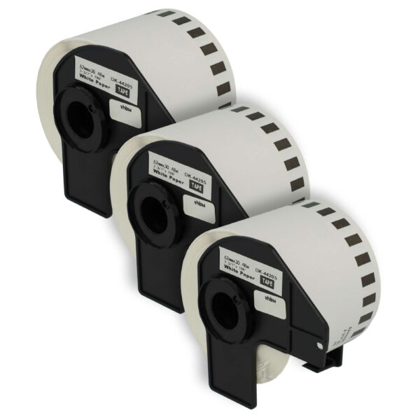 Pack 3x Rolos de Etiquetas vhbw Compatível Brother DK-44205 - 62 mm x 30.48 m + Suporte