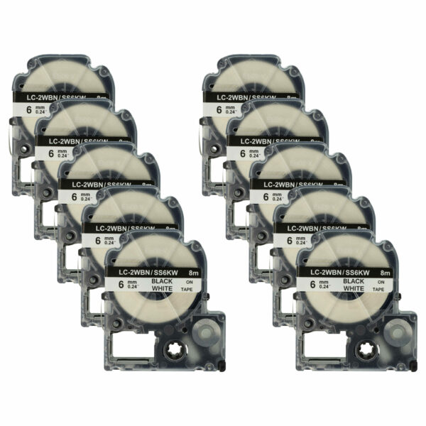 10x Fita de Etiquetas Compatível com Epson LC-2WBN - 6 mm Preto sobre Branco