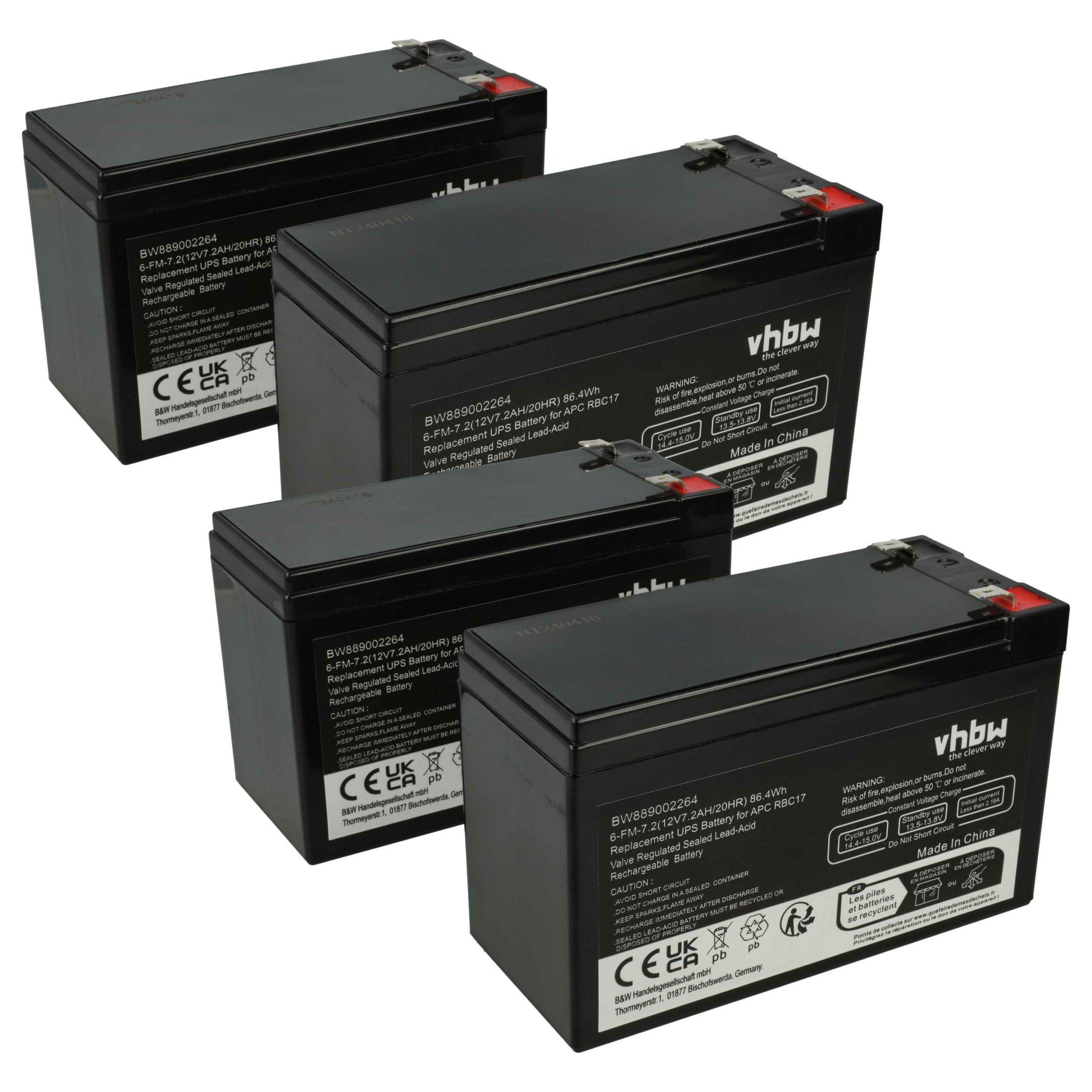 Bateria UPS vhbw substitui APC RBC48 - 7200 mAh 12 V AGM (4 unidades)