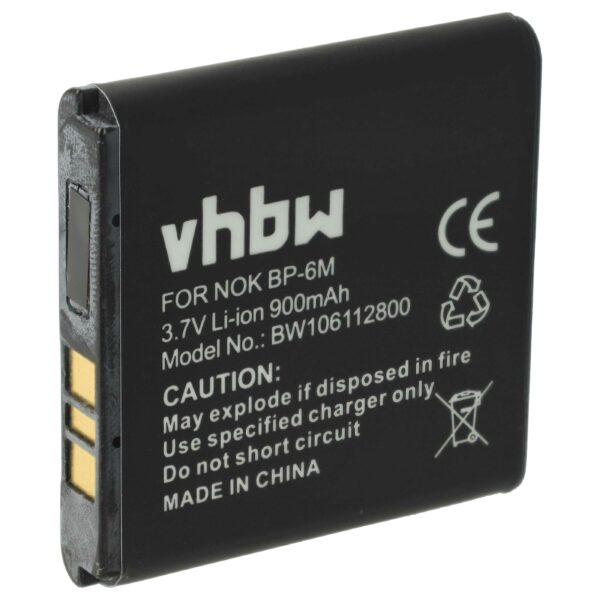 Bateria vhbw compatível com Nokia BP-6M - 900 mAh 3.7 V Li-Ion