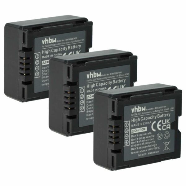 Bateria vhbw 3x para Câmaras Hitachi e Panasonic - 600 mAh 7.2V Li-Ion (DZ-BP07s, DZ-BP14s, DZ-BP21s)