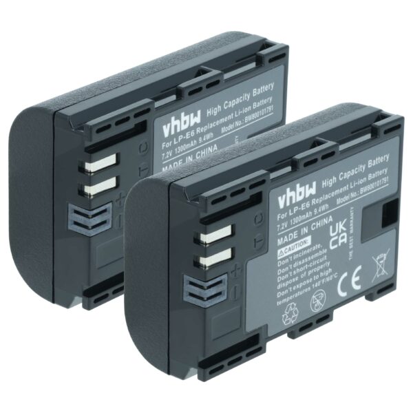 2x Bateria substitui Canon LP-E6 - 1300mAh, 7.4V, Li-Ion com Chip de Informação