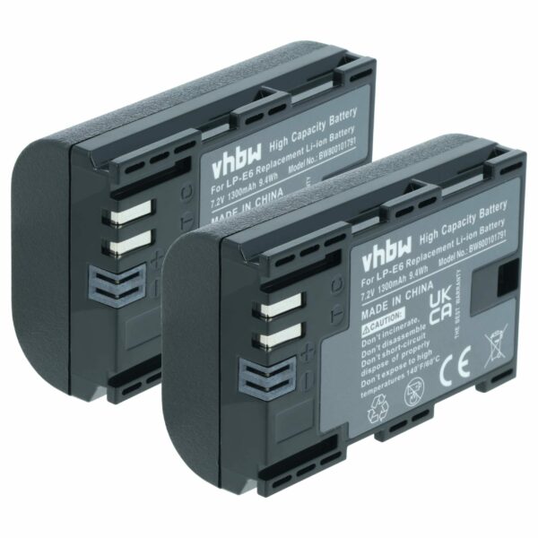 2x Bateria substitui Canon LP-E6 - 1300mAh, 7.4V, Li-Ion com Chip de Informação