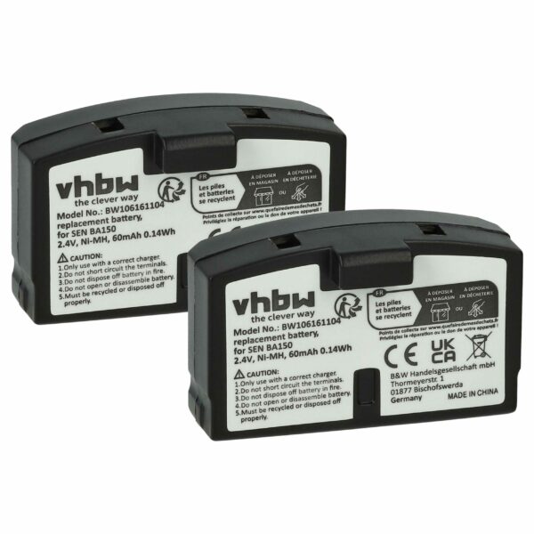 Bateria Wireless 2x vhbw compatível Sennheiser BA151, BA150, BA152 - 60 mAh 2.4 V NiMH