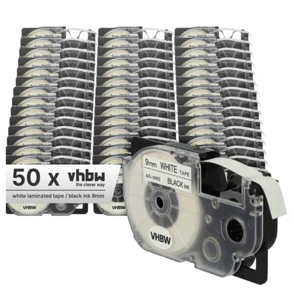 Fita de Etiqueta vhbw 50x compatível com Casio XR-9WE1, XR-9WE - 9 mm Preto sobre Branco