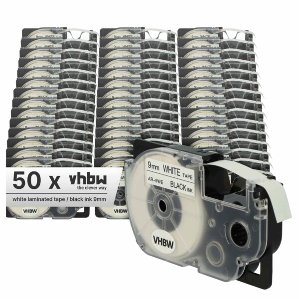 Fita de Etiqueta vhbw 50x compatível com Casio XR-9WE1, XR-9WE - 9 mm Preto sobre Branco