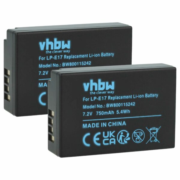 2x Bateria vhbw LP-E17 compatível Canon - 750mAh, 7.2V, Li-Ion