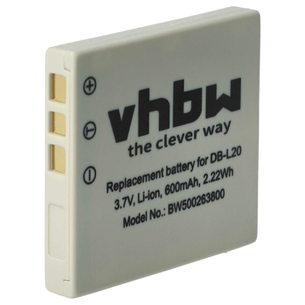 Bateria vhbw compatível com Sanyo DB-L20A, DB-L20, DB-L20AEX - 600mAh, 3.7V, Li-Ion