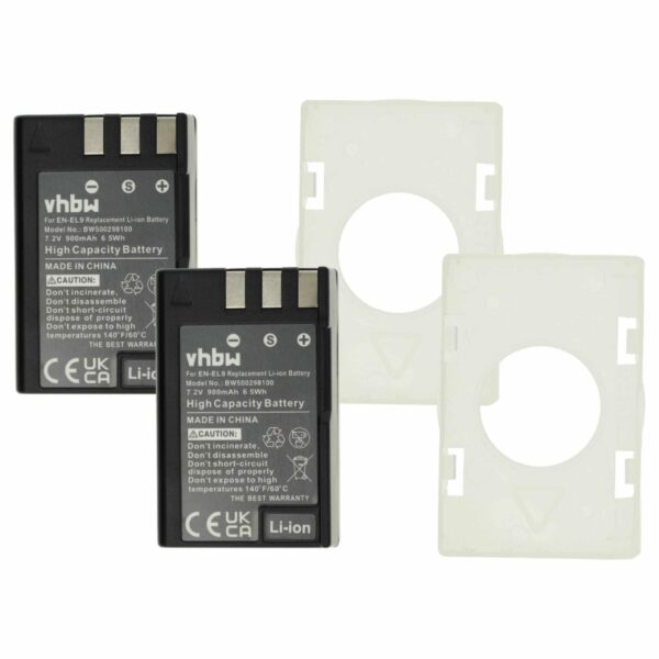 2x Bateria compatível com Nikon EN-EL9a, EN-EL9E, EN-EL9 - 900mAh, 7.2V, Li-Ion