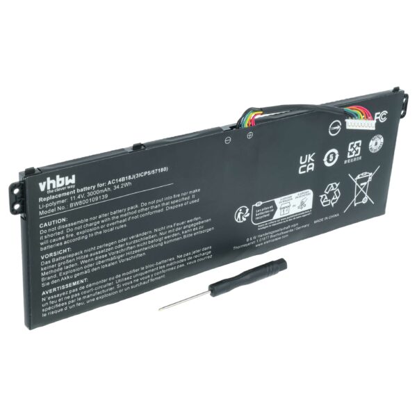 Bateria para Portátil vhbw Compatível com Acer AC14B13J, 4ICP5/57/80, AC14B18J - 3000 mAh 11.4 V Li-polymer