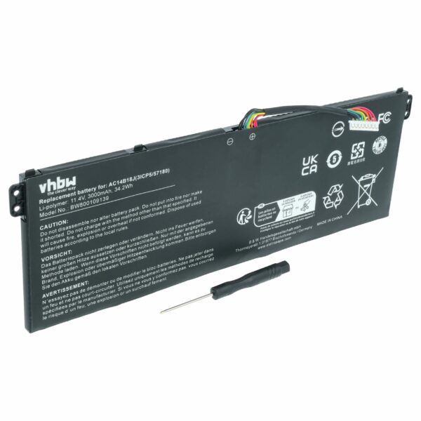 Bateria para Portátil vhbw Compatível com Acer AC14B13J, 4ICP5/57/80, AC14B18J - 3000 mAh 11.4 V Li-polymer