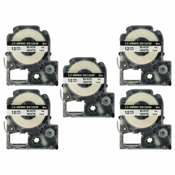 5x Fita de Etiqueta compatível com Epson SS12KW, LC-4WBN - 12 mm Preto sobre Branco