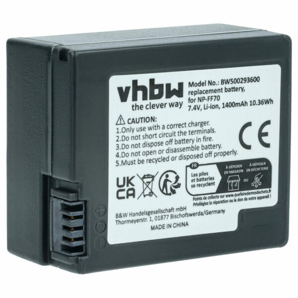 Bateria vhbw para Câmara de Vídeo Sony - Substitui NP-FF71, NP-FF70 - 1400 mAh 7.2V Li-Ion