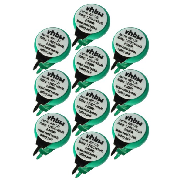 10x Bateria Botão vhbw 1/V40H 2 Pinos para Lâmpadas Solares e Modelismo - 40 mAh 1.2 V NiMH