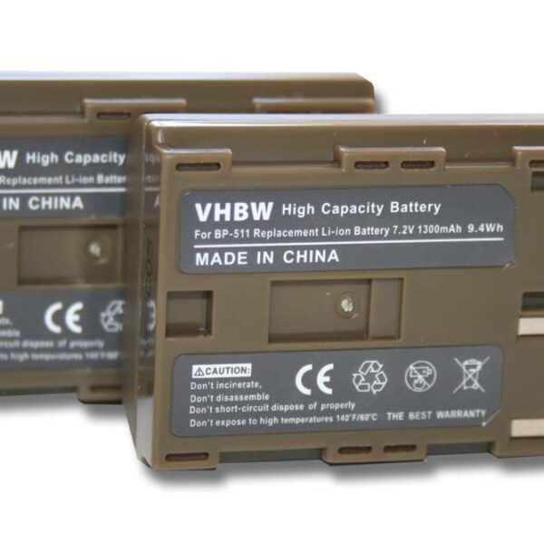 2x Bateria vhbw para Canon BP-508, BP-535, BP-511A, BP-511, BP-522, BP-512, BP-514 - 1300mAh, 7.2V, Li-Ion