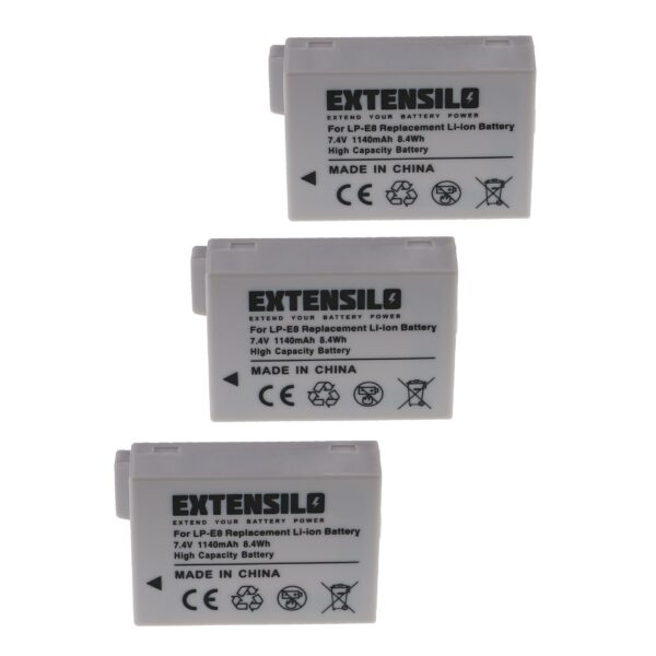 3x Bateria Extensilo para Canon LP-E8 - 1140mAh, 7.4V