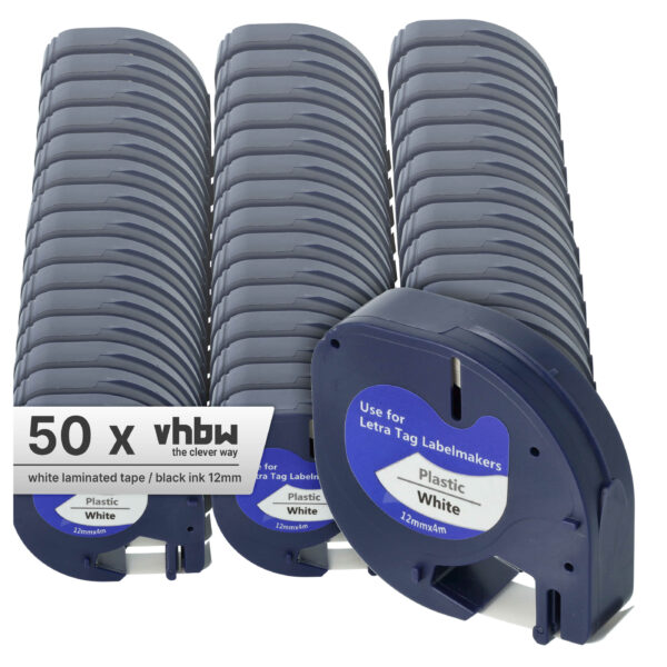 50x Fita de Etiquetas vhbw 12 mm Preto sobre Branco para Dymo LetraTag