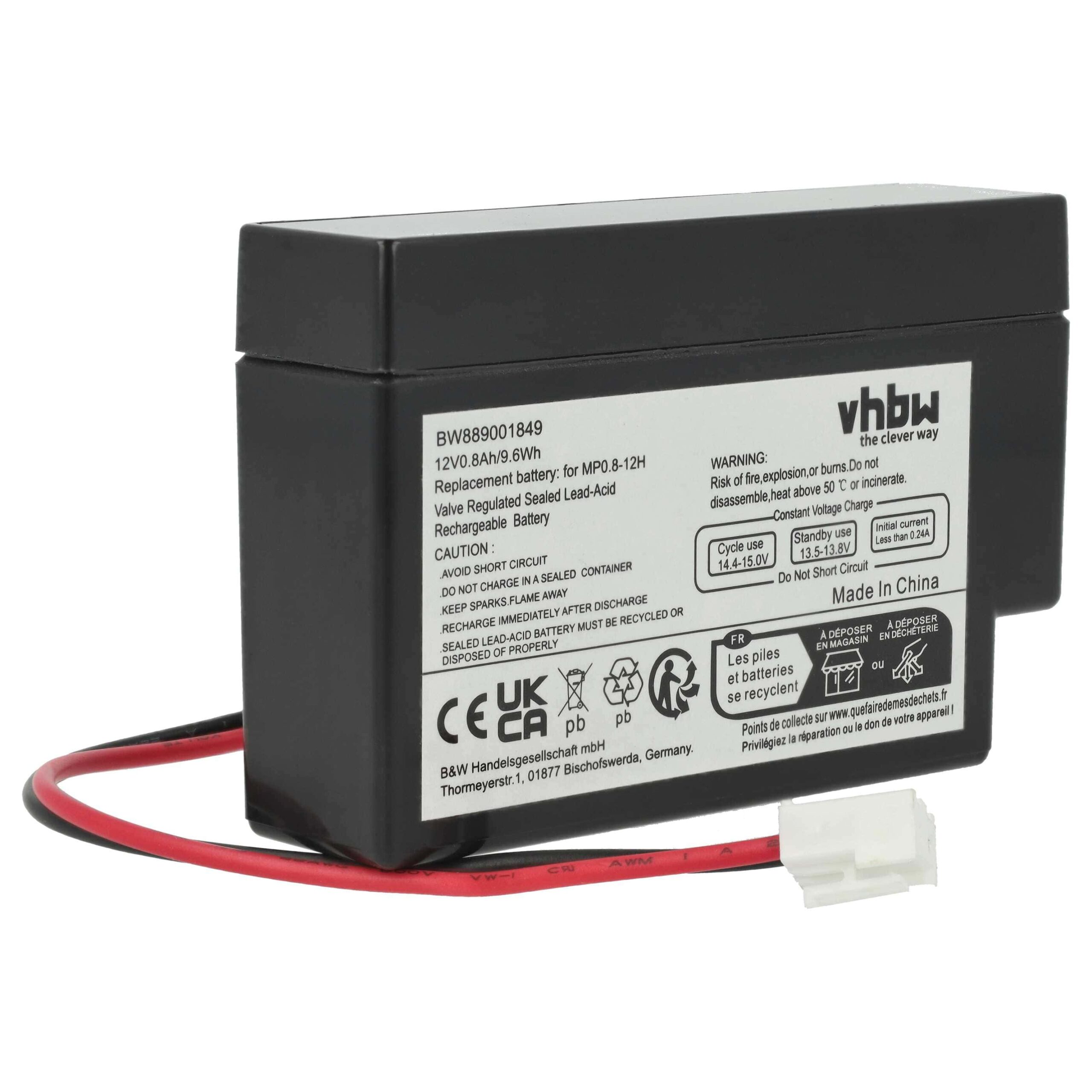 Bateria vhbw Universal 800 mAh 12 V AGM, conetor JST - Image 3