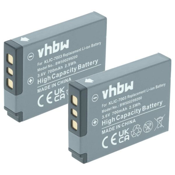 2x Bateria vhbw para Kodak Klic-7003 700mAh 3.6V Li-Ion