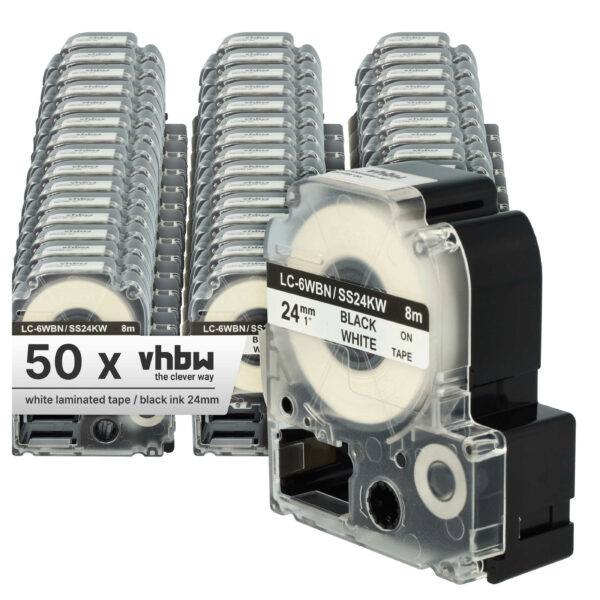 Fita de Etiquetas 50x vhbw Compatível Epson LC-6WBN - 24 mm Preto sobre Branco