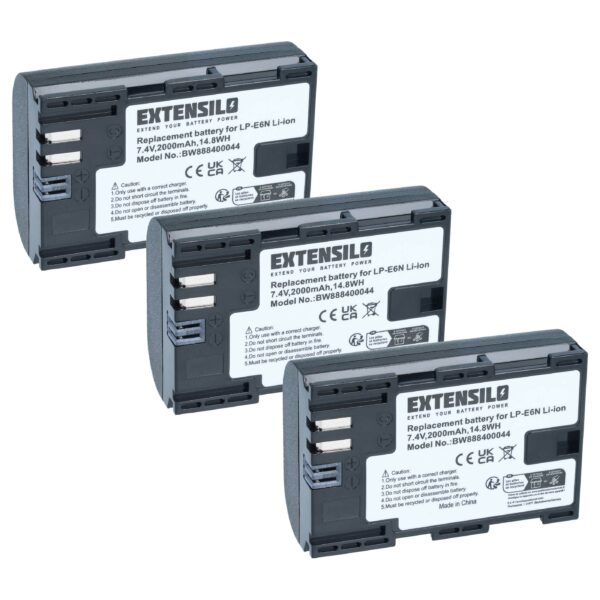 3x Bateria Extensilo compatível com Canon LP-E6N - 2000mAh, 7.4V