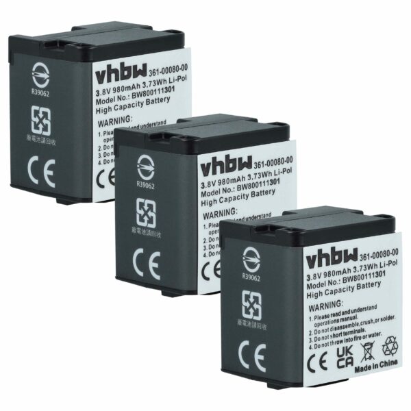 Bateria vhbw 3x para Câmara Garmin (010-01363-10, 010-12256-01, 361-00080-00) - 980 mAh 3.8 V Li-polymer
