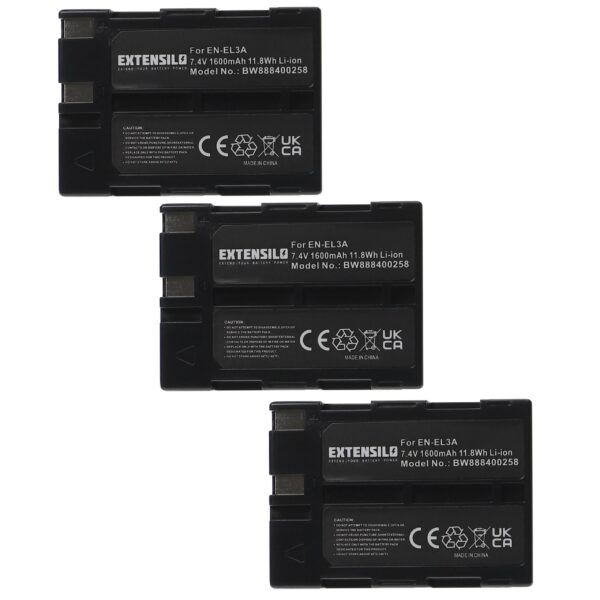 3 Baterias de Substituição para Nikon EN-EL3, EN-EL3a - 1600mAh, 7.4V, Li-Ion EXTENSILO