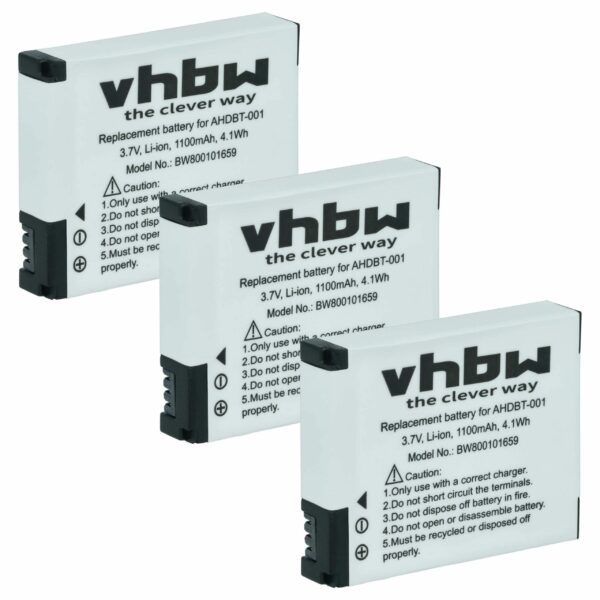 Bateria vhbw 3x para GoPro ABPAK-001, AHDBT-001 - 1100 mAh 3.7 V Li-Ion