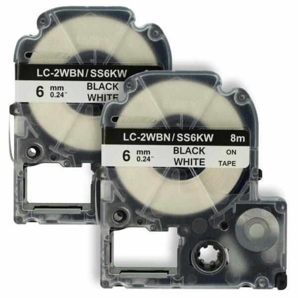 2x Fita de Etiquetas Compatível com Epson LC-2WBN - 6 mm Preto sobre Branco