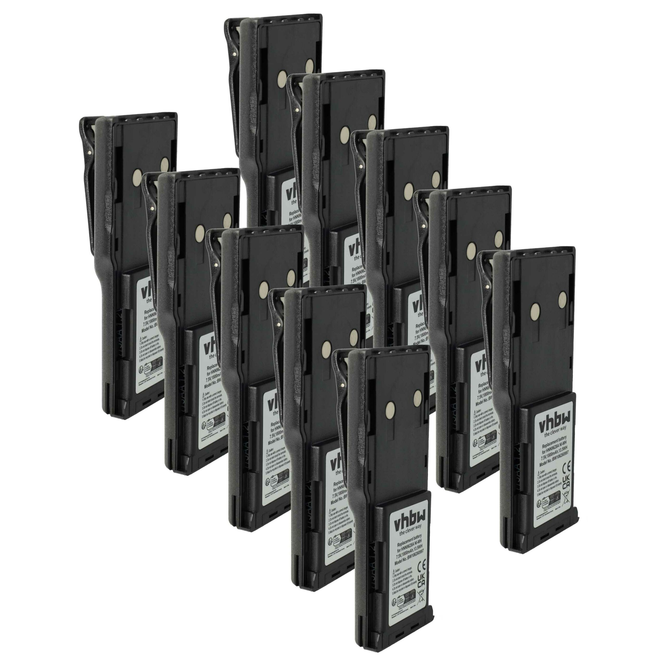 Bateria vhbw 10x para Rádio Motorola HNN8133C, HNN9628A, HNN8308A - 1800 mAh 7.5 V NiMH com Clipe