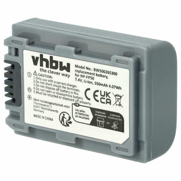 Bateria vhbw para Câmaras de Vídeo Sony - Compatível NP-FP50, NP-FP30, NP-FP60, NP-FP51, NP-FP71, NP-FP70 - 600 mAh 7.2V Li-Ion