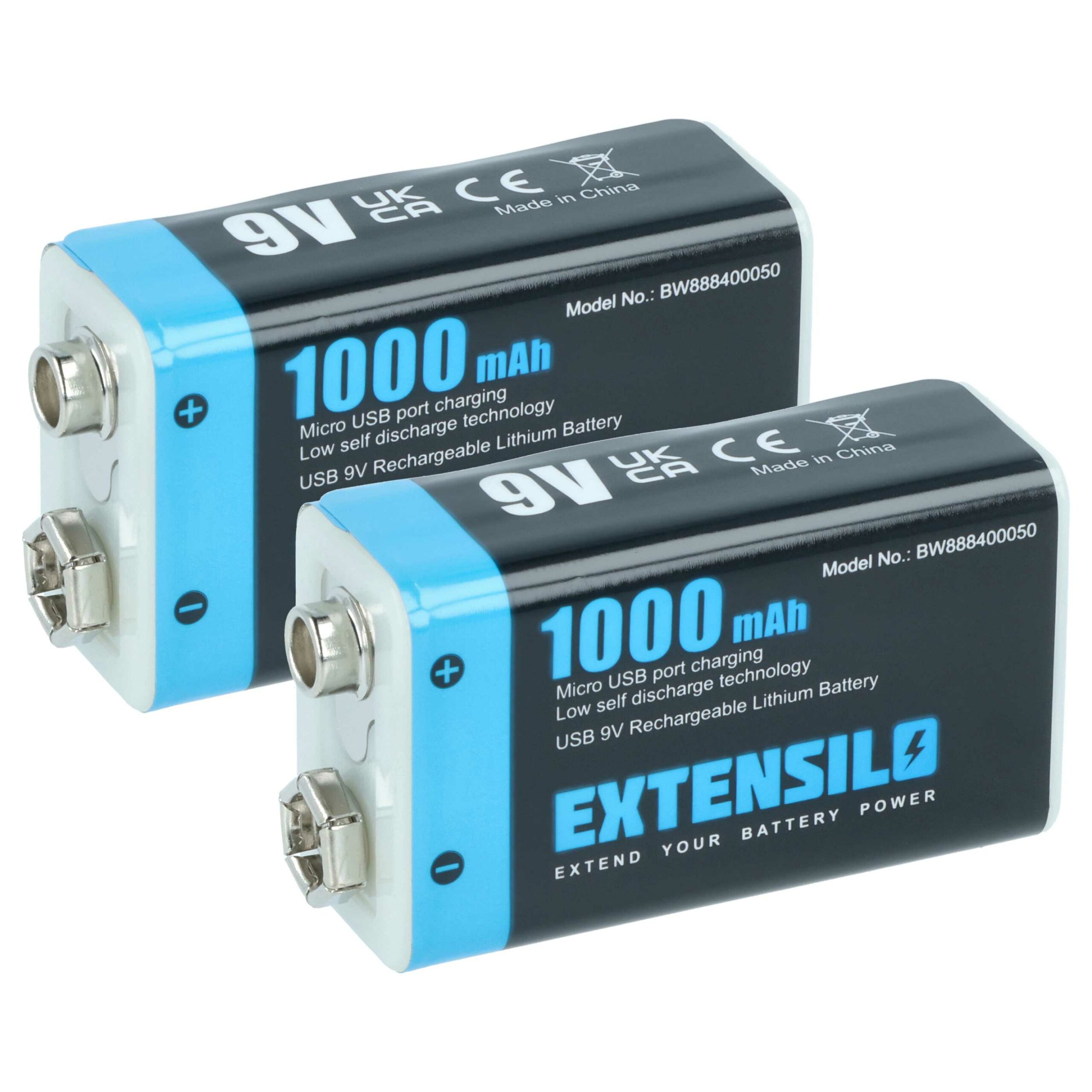 Bateria 9V Li-Ion EXTENSILO 2x 1 Ah com Porta Micro USB - Compatível Daitem BATV13