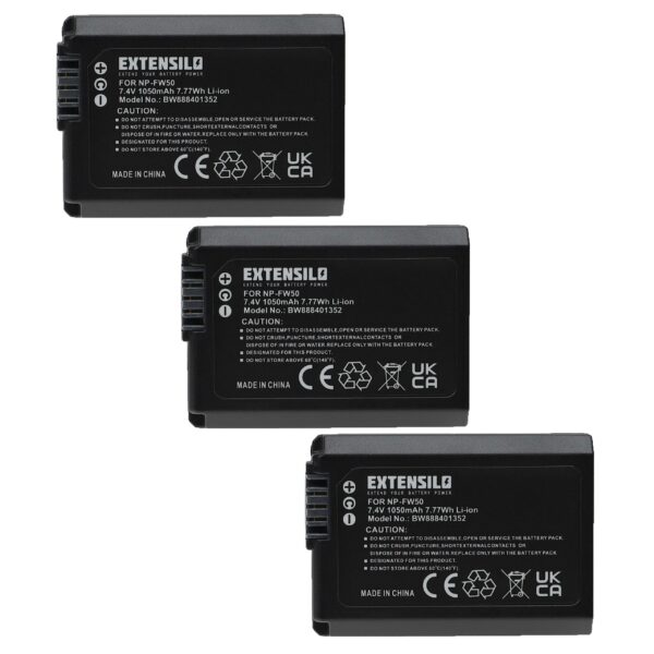 3x Bateria EXTENSILO para Sony NP-FW50 - 1050mAh, 7.4V, Li-Ion