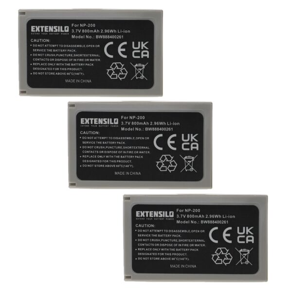 Pack 3x Bateria EXTENSILO NP-200 compatível Minolta - 800mAh, 3.7V, Li-Ion