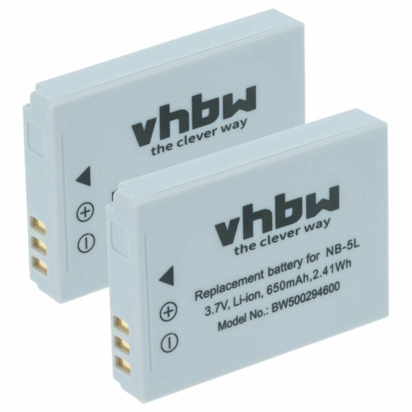 Bateria vhbw 2x NB-5L para Canon - 650mAh, 3.6V, Li-Ion