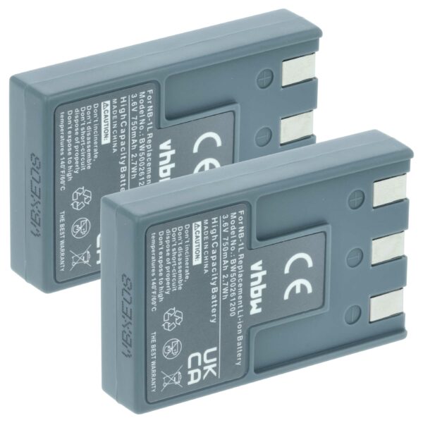2x Bateria vhbw compatível Canon NB-1LH, NB-1L - 750mAh, 3.6V, Li-Ion